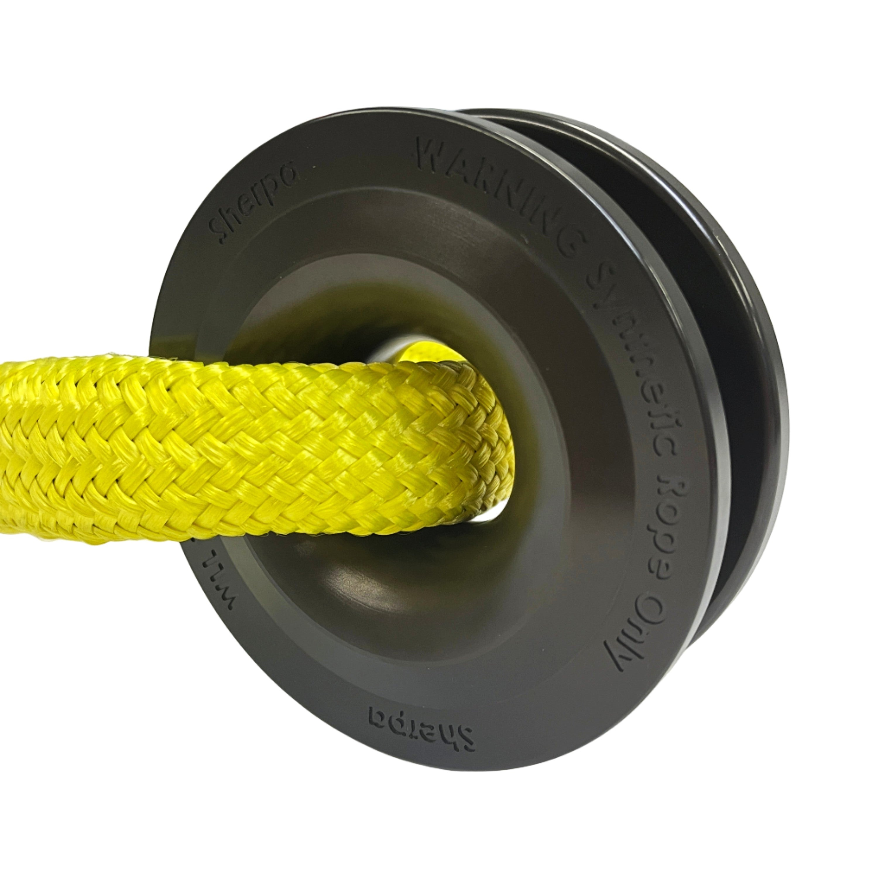 A yellow synthetic winch rope runs through a Sherpa 4x4 Recovery Ring, engraved with "WARNING Synthetic Rope Only," shown with the Sherpa 4x4 Soft Shackle Bundle.