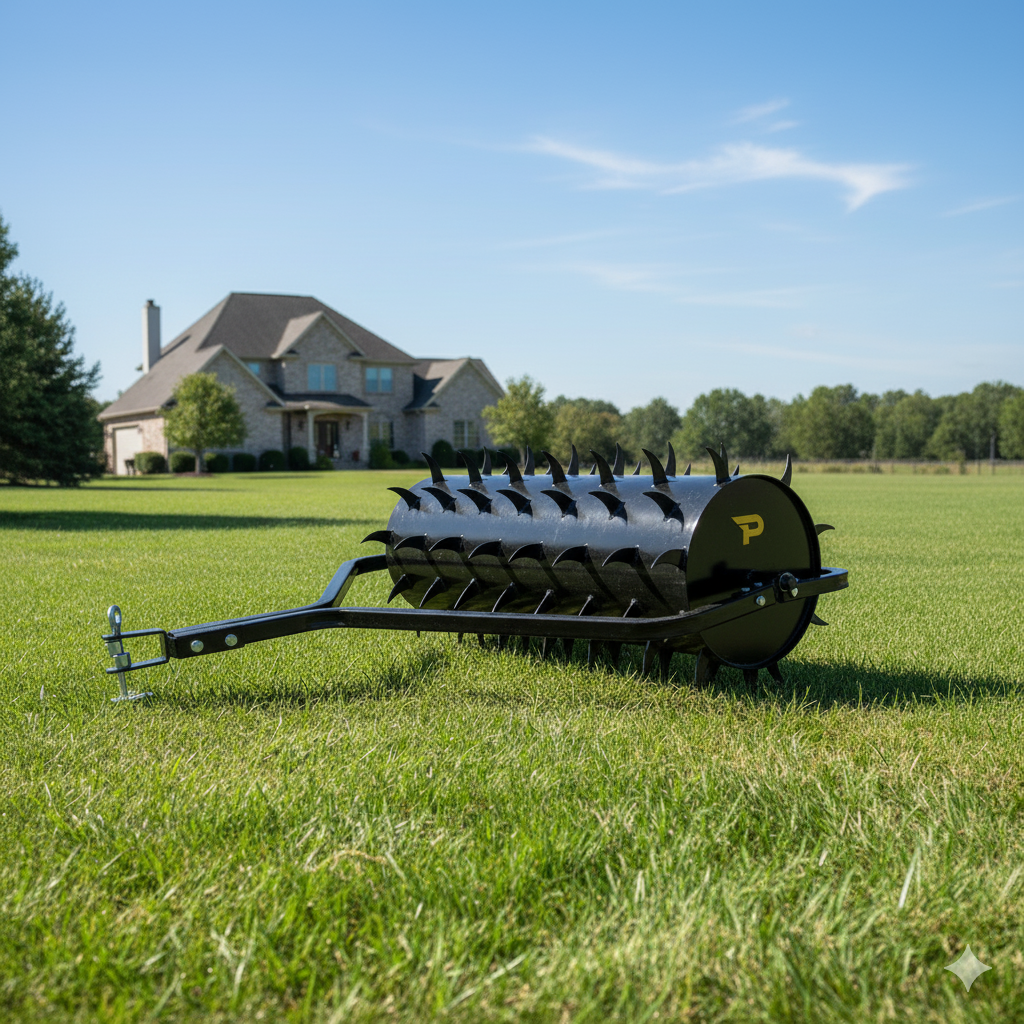 The Paddock Lawn Spike Aerator by Paddock features spiked wheels, a towing handle, and a yellow "P" logo. It is pictured on a green lawn in front of a large stone house on a sunny day.