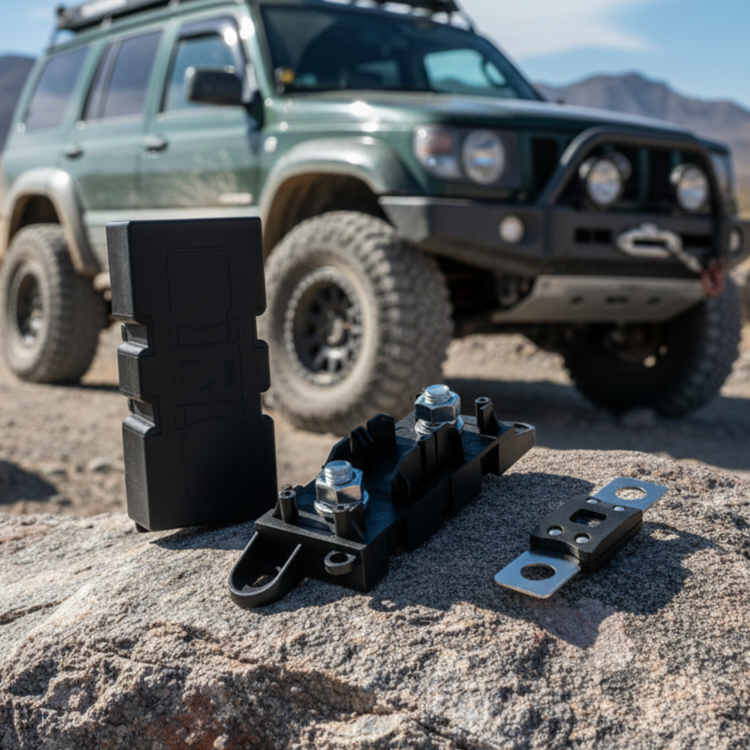 A Scintex 500 Amp Inline Fuse with Holder Kit and other automotive components are displayed on a boulder in the foreground, with an off-road vehicle on rocky terrain and distant mountains in the background.