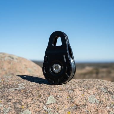 The Sherpa 4x4 Snatch Block stands upright on rocks under a clear blue sky, with a blurred landscape behind—perfect for 4x4 recovery adventures.
