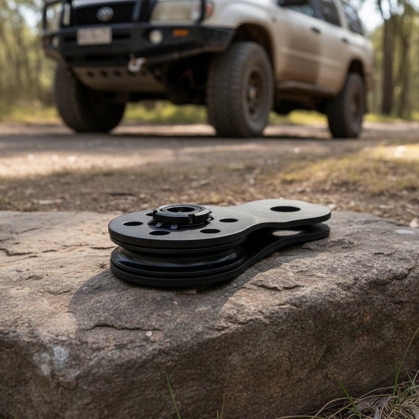A Sherpa 4x4 Snatch Block by Sherpa 4x4 sits on a rock, vital for 4x4 recovery, with a muddy off-road SUV parked on a forest trail in the blurred background.