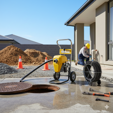 A Paddock Drain Cleaner Sectional by Paddock is set up near an open manhole on a driveway, with a worker kneeling by the house. Piles of dirt and orange safety cones are also present.