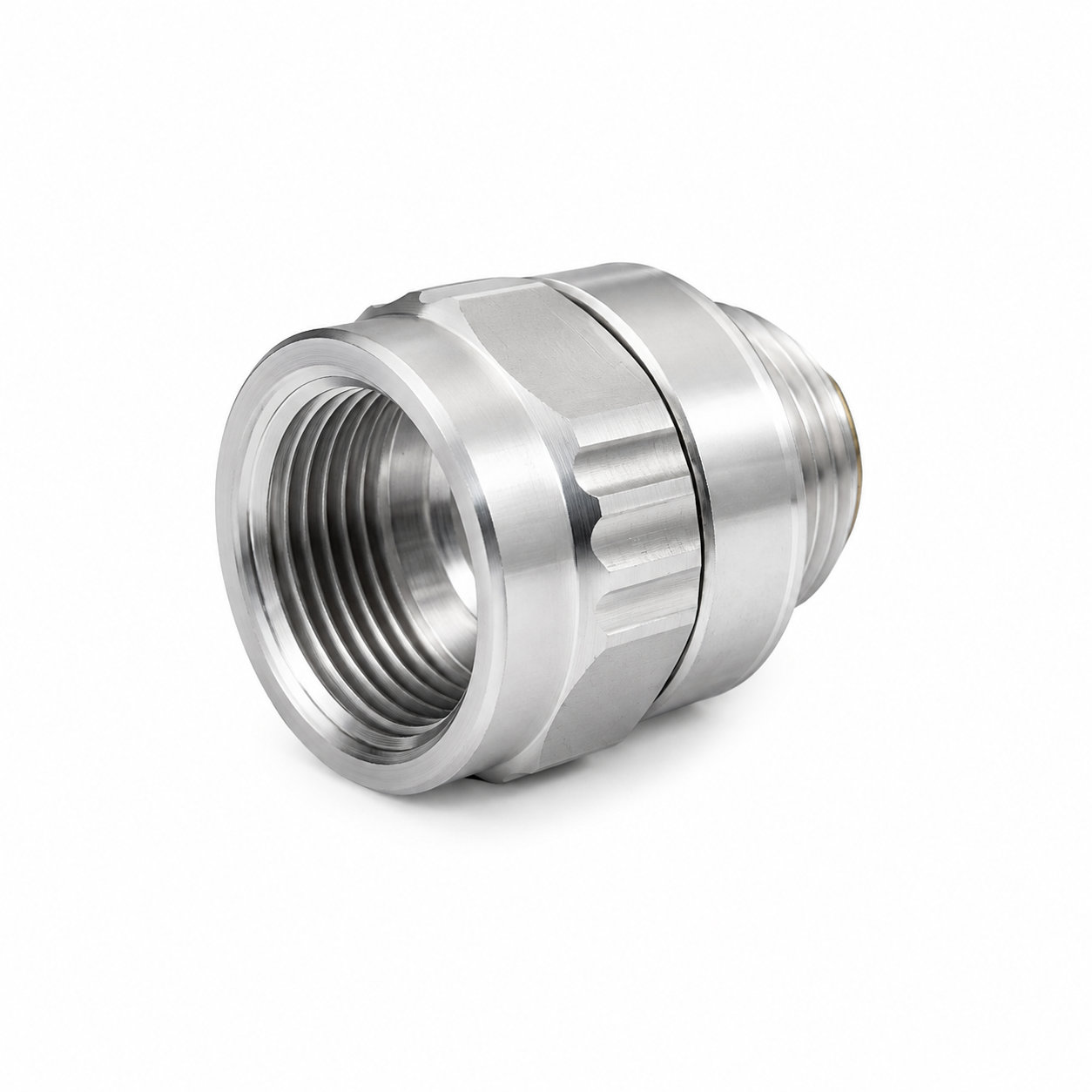 A Scintex Swivel Fittings product made from stainless steel, featuring a threaded interior and ridged edges for enhanced grip, displayed against a white background.