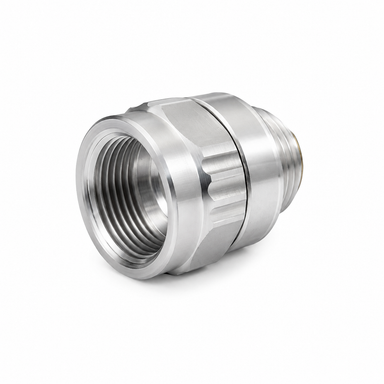 A Scintex Swivel Fittings product made from stainless steel, featuring a threaded interior and ridged edges for enhanced grip, displayed against a white background.