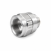 A Scintex Swivel Fittings product made from stainless steel, featuring a threaded interior and ridged edges for enhanced grip, displayed against a white background.