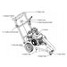 Black and white labeled diagram of the Paddock Commercial Stump Grinder by Paddock, showing Briggs & Stratton engine, operation handle, safety lever, brake lever, height adjusting handle, blade teeth, cutter wheel, rubber flap, and pneumatic wheel.