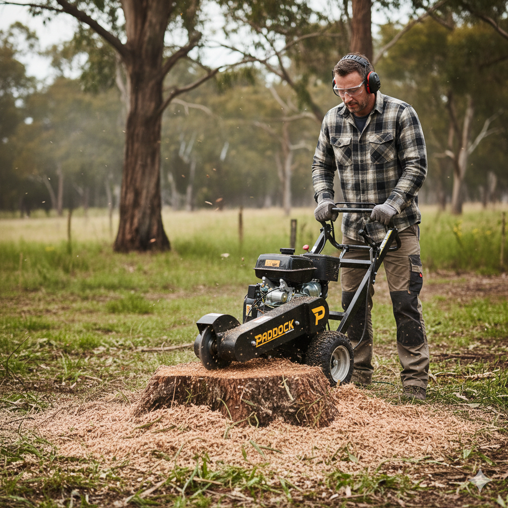 Wearing safety gear, a man operates a Paddock Commercial Stump Grinder by Paddock to remove an outdoor tree stump, surrounded by grass, trees, and scattered wood chips.