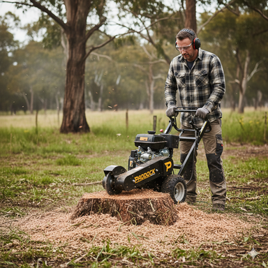 Wearing safety gear, a man operates a Paddock Commercial Stump Grinder by Paddock to remove an outdoor tree stump, surrounded by grass, trees, and scattered wood chips.