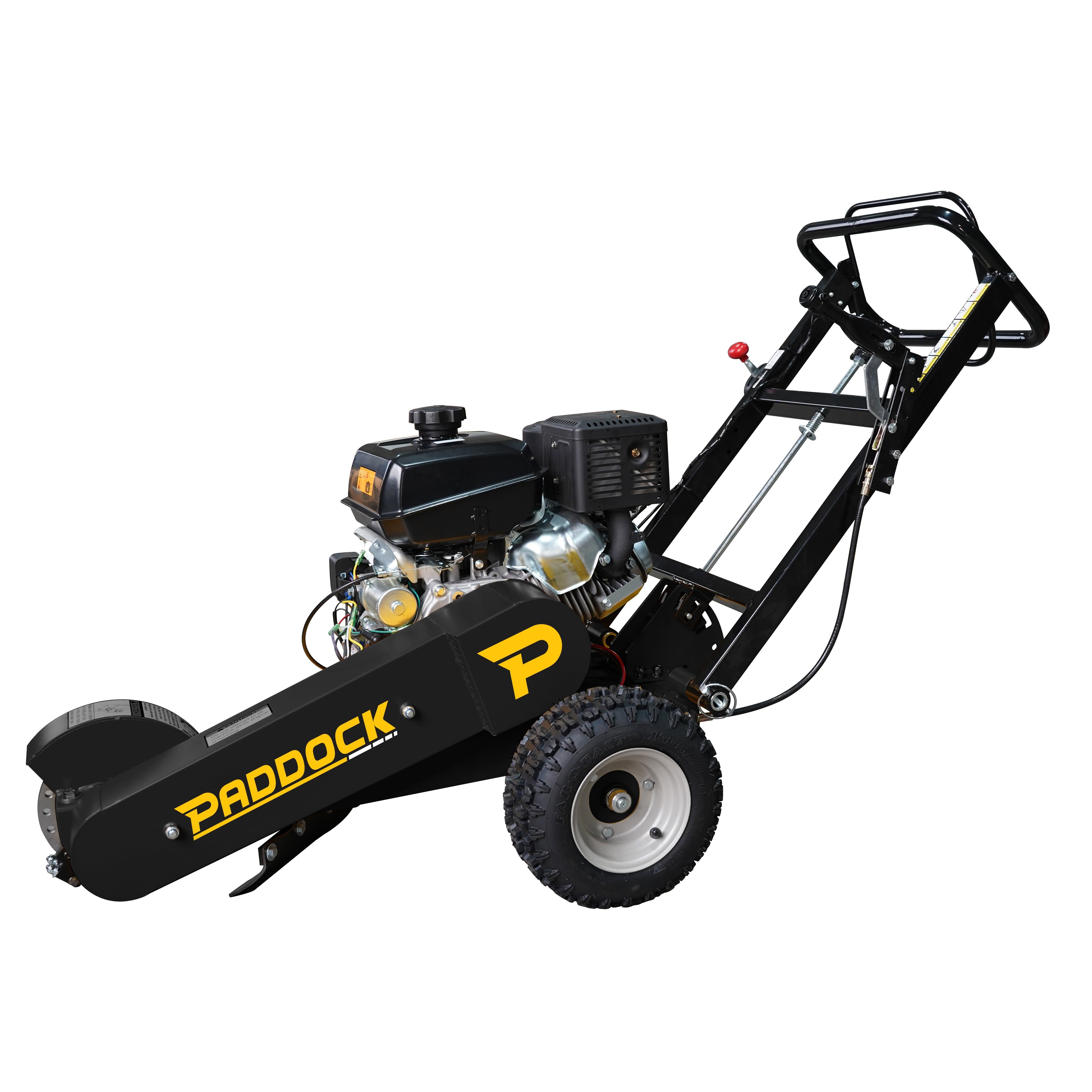 The Paddock Commercial Stump Grinder by Paddock features a black and yellow design, large wheels, a Briggs & Stratton engine, and a sturdy maneuvering handle. Built for efficient stump removal, it offers a robust industrial look.