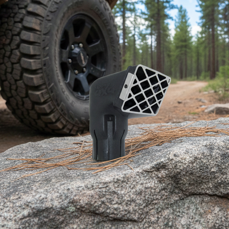 A Scintex Sherpa 4x4 Air Ram Snorkel Head with a silver grille is mounted on a black off-road vehicle parked on a pine needle-covered rock, with rugged tires and a forest trail in the background.