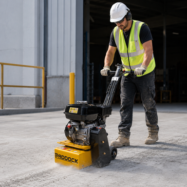 A construction worker in a safety vest and helmet operates a yellow Paddock Concrete Scarifier, an industrial-grade concreting machine from Paddock powered by a reliable Honda GX160 commercial engine, on a concrete surface outside a building.