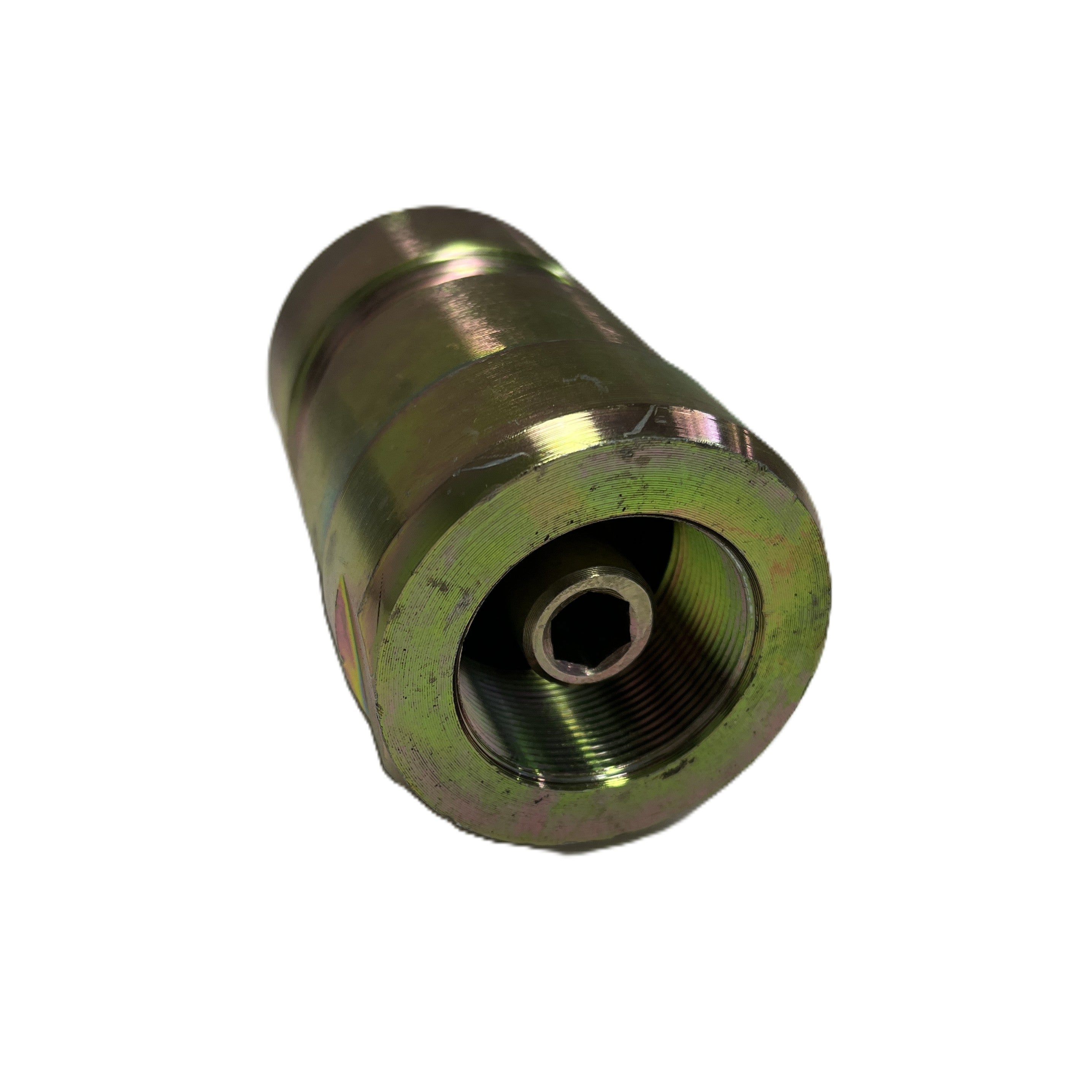 The Scintex Dynapac Style Motor Side Coupling Kit, a cylindrical metal hydraulic fitting with a threaded interior and hexagonal end, is shown on a white background.