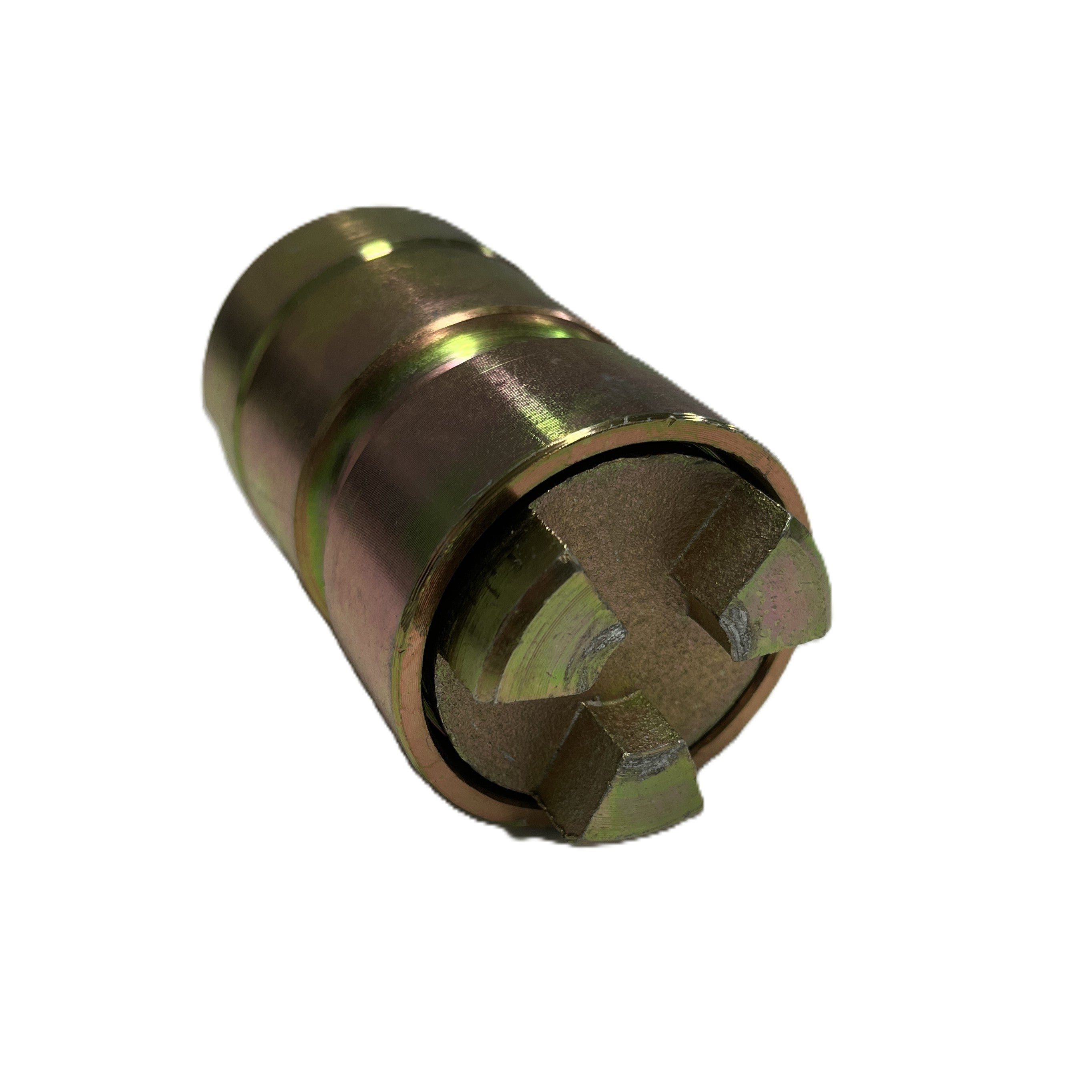 The Scintex Dynapac Style Motor Side Coupling Kit is a cylindrical metallic component with grooves and two notched ends, shown isolated on a white background.