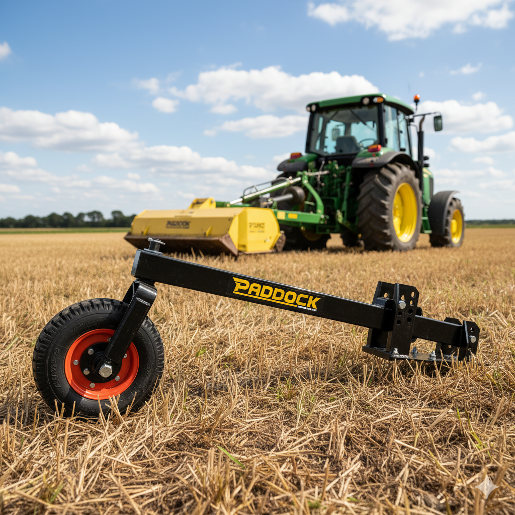 A close-up of the Paddock Slasher Rear Wheel Kit, set on dry stubble in a field, with a green tractor and yellow machinery blurred in the background beneath a partly cloudy sky.