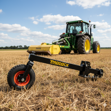 A close-up of the Paddock Slasher Rear Wheel Kit, set on dry stubble in a field, with a green tractor and yellow machinery blurred in the background beneath a partly cloudy sky.