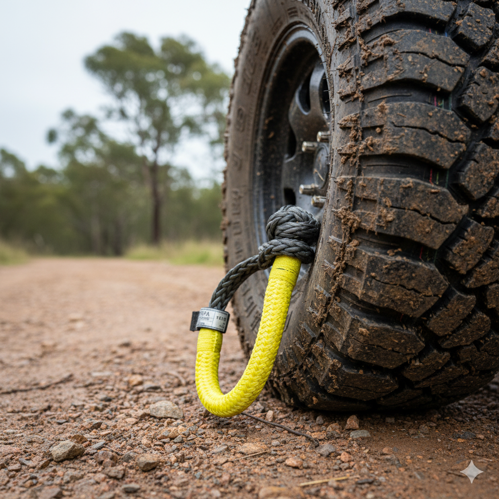 A close-up of a mud-covered off-road vehicle tire on gravel, featuring a Sherpa 4x4 Soft Rope Shackle looped through the wheel. Blurred trees and sky from the background are visible.