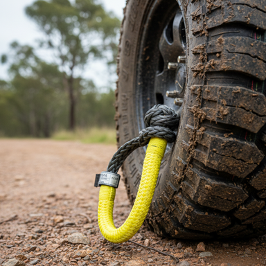 A dirty off-road vehicle tire with a Sherpa 4x4 Soft Rope Shackle looped through the wheel, resting on a gravel road in a rural forest—an essential Sherpa 4x4 recovery kit component.