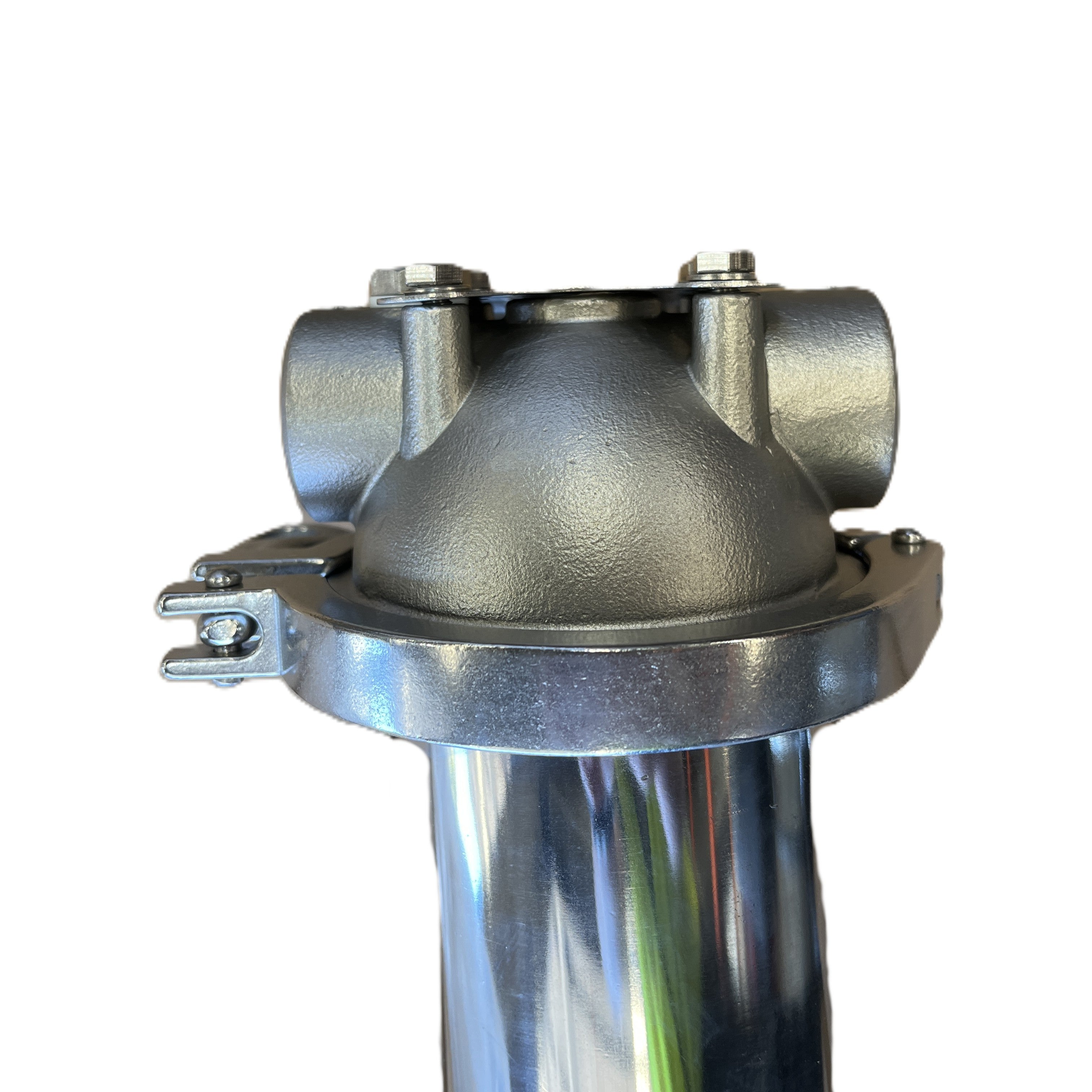 Close-up of a Scintex Cartridge Filter Housing made from 316 stainless steel, featuring bolts on top and a side clamp for water filtration, isolated on a white background.