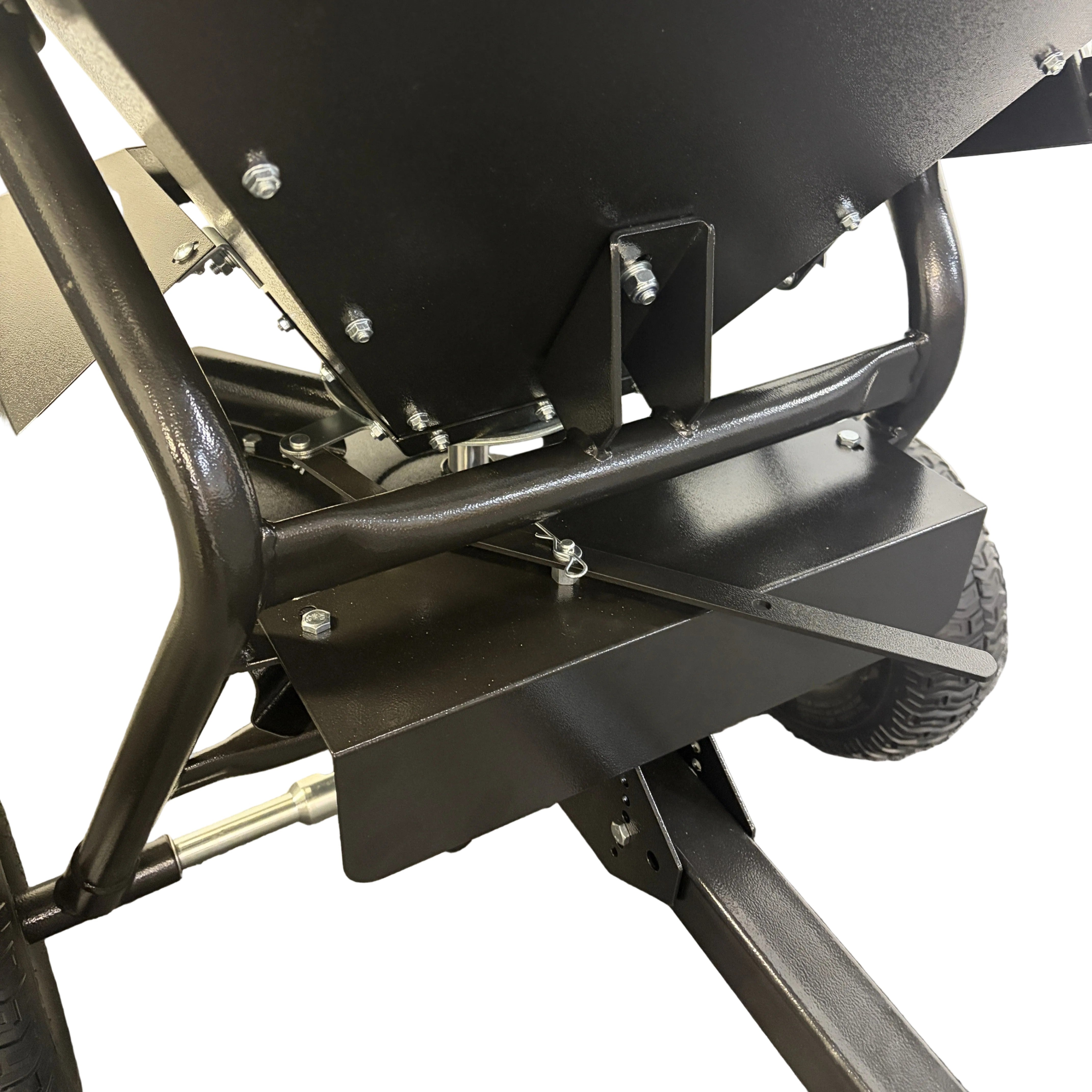 Close-up of the metal frame and hopper assembly of a Paddock Seed & Fertiliser Spreader (Heavy Duty).