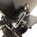 Adjustable flow rate control lever and numbered scale on a black metal Paddock Seed & Fertiliser Spreader (Heavy Duty).