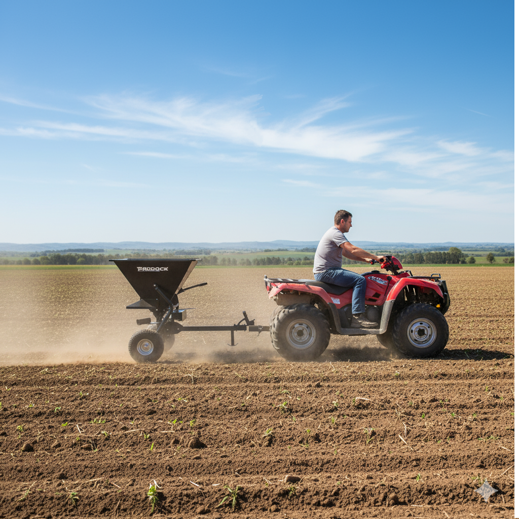 A man drives a red ATV across a plowed field on a sunny day, towing the Paddock Seed & Fertiliser Spreader (Heavy Duty) by Paddock. Young crops emerge from the soil as dust rises in the clear blue sky.
