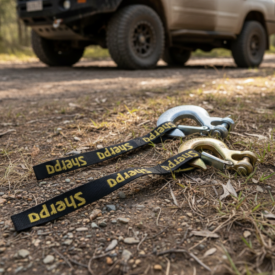 A pair of Sherpa 4x4 Winch Hooks with black and yellow straps are on the ground in front of an off-road vehicle parked on dirt, surrounded by forest.