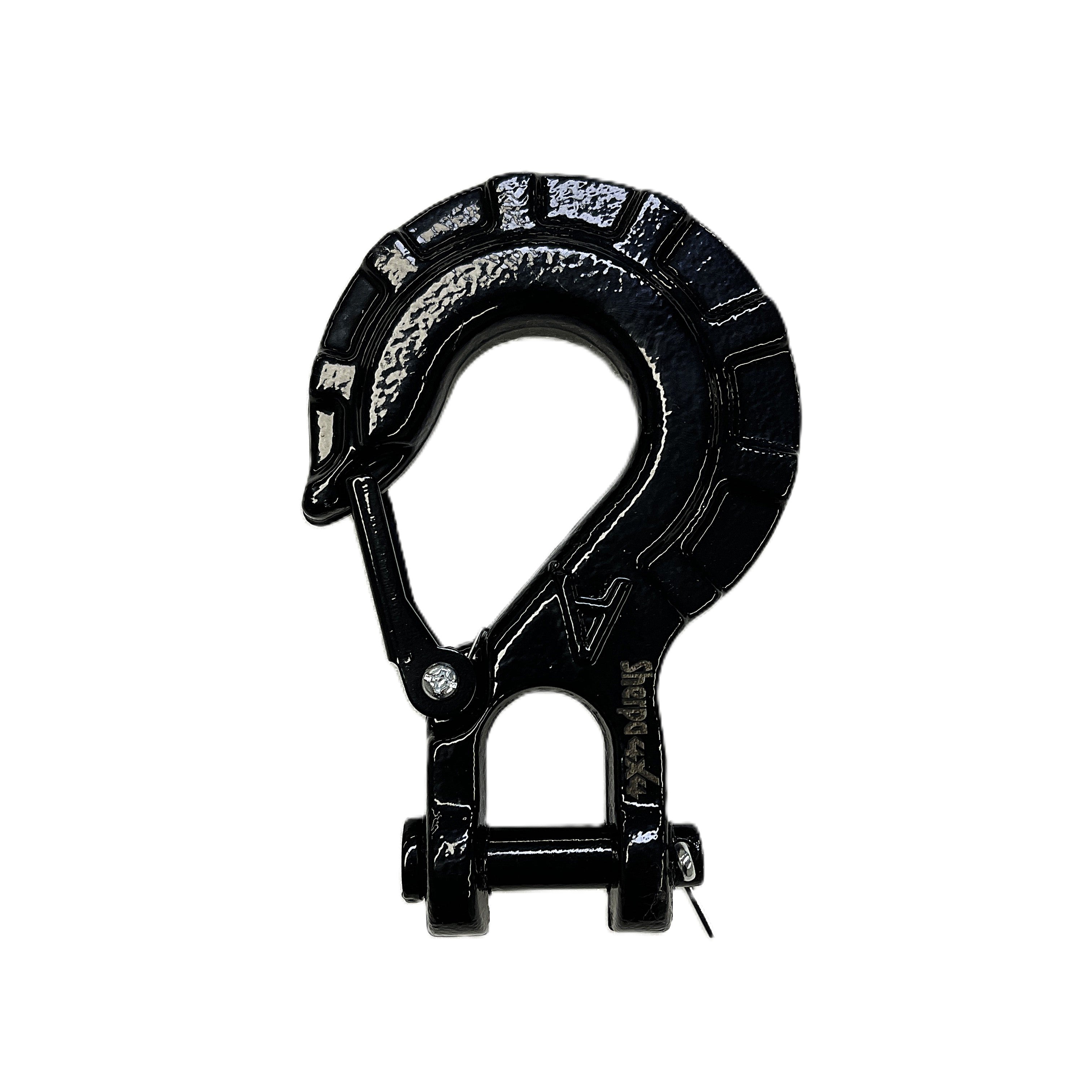 The Sherpa 4x4 Winch Hook by Sherpa 4x4 is a black forged steel hook, shaped with a decorative horse’s head and shown on a white background, featuring a heavy-duty latch mechanism for secure fastening.