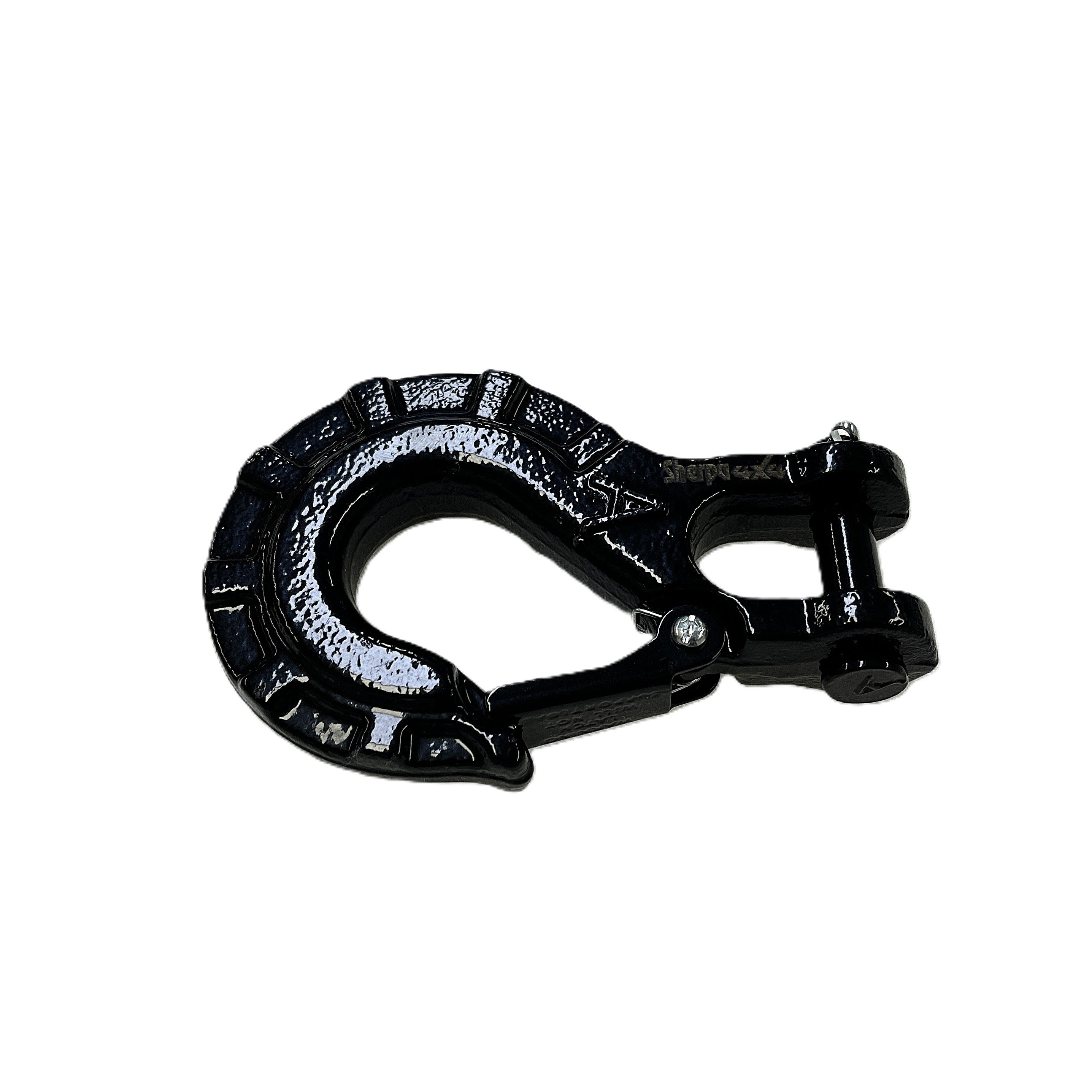 The Sherpa 4x4 Winch Hook by Sherpa 4x4 is a heavy-duty black metal hook with a safety latch, featuring forged steel construction, shown isolated on a white background.