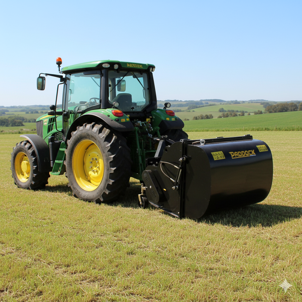 A green tractor with large yellow wheels is parked on a grassy field, attached to a Paddock Paddock Slasher with Catcher. Rolling hills and trees can be seen in the background under a clear sky.
