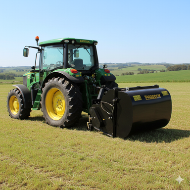 A green tractor with large yellow wheels is parked on a grassy field, attached to a Paddock Paddock Slasher with Catcher. Rolling hills and trees can be seen in the background under a clear sky.