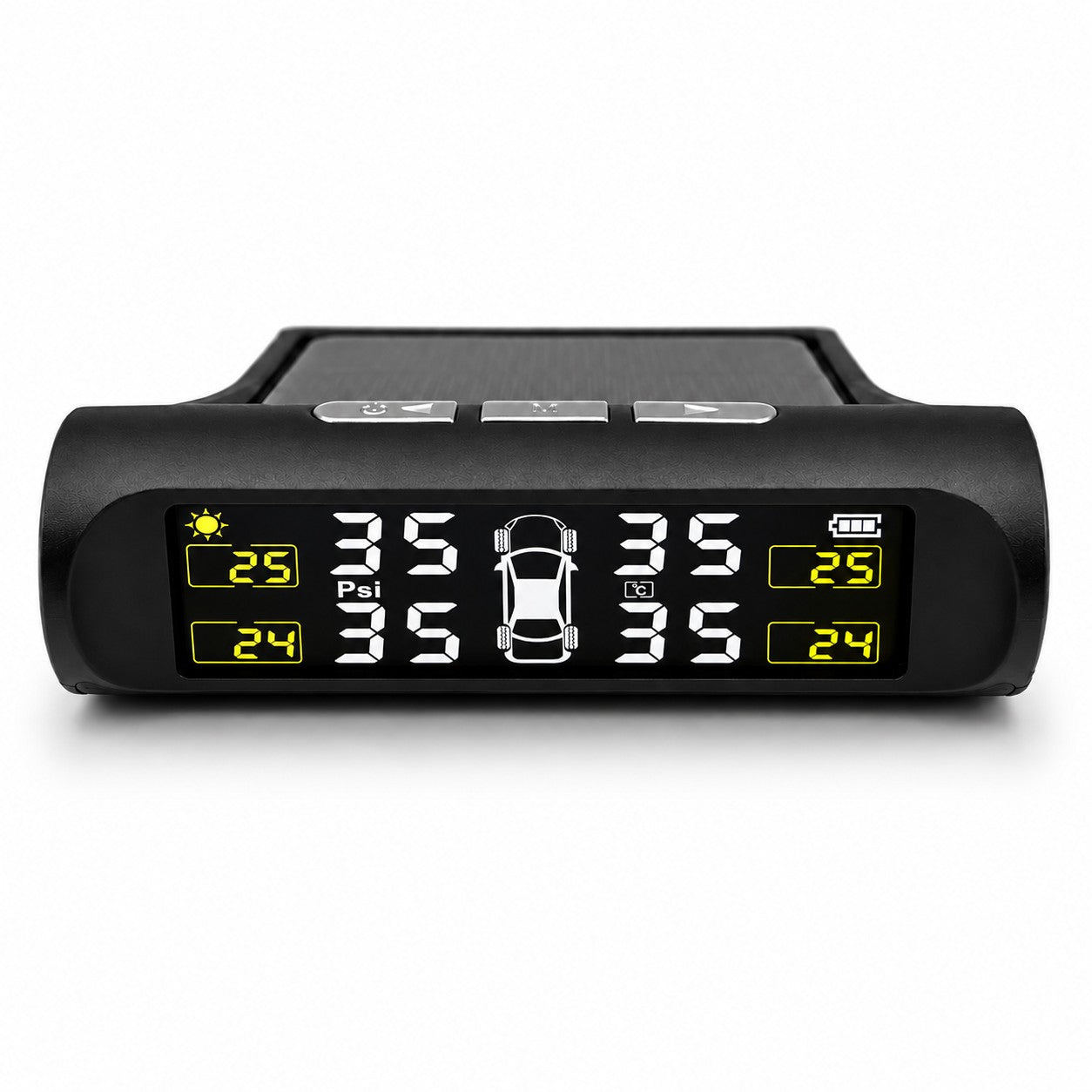 The Sherpa 4x4 Tyre Pressure Monitoring System (TPMS) from Sherpa 4x4 is a solar-powered digital system that displays real-time PSI and temperature readings for all four tires on a central screen featuring a car icon, as well as battery and sunlight indicators. Designed specifically for 4x4 vehicles, this advanced TPMS helps ensure safe and efficient journeys by providing up-to-the-minute tire pressure monitoring.