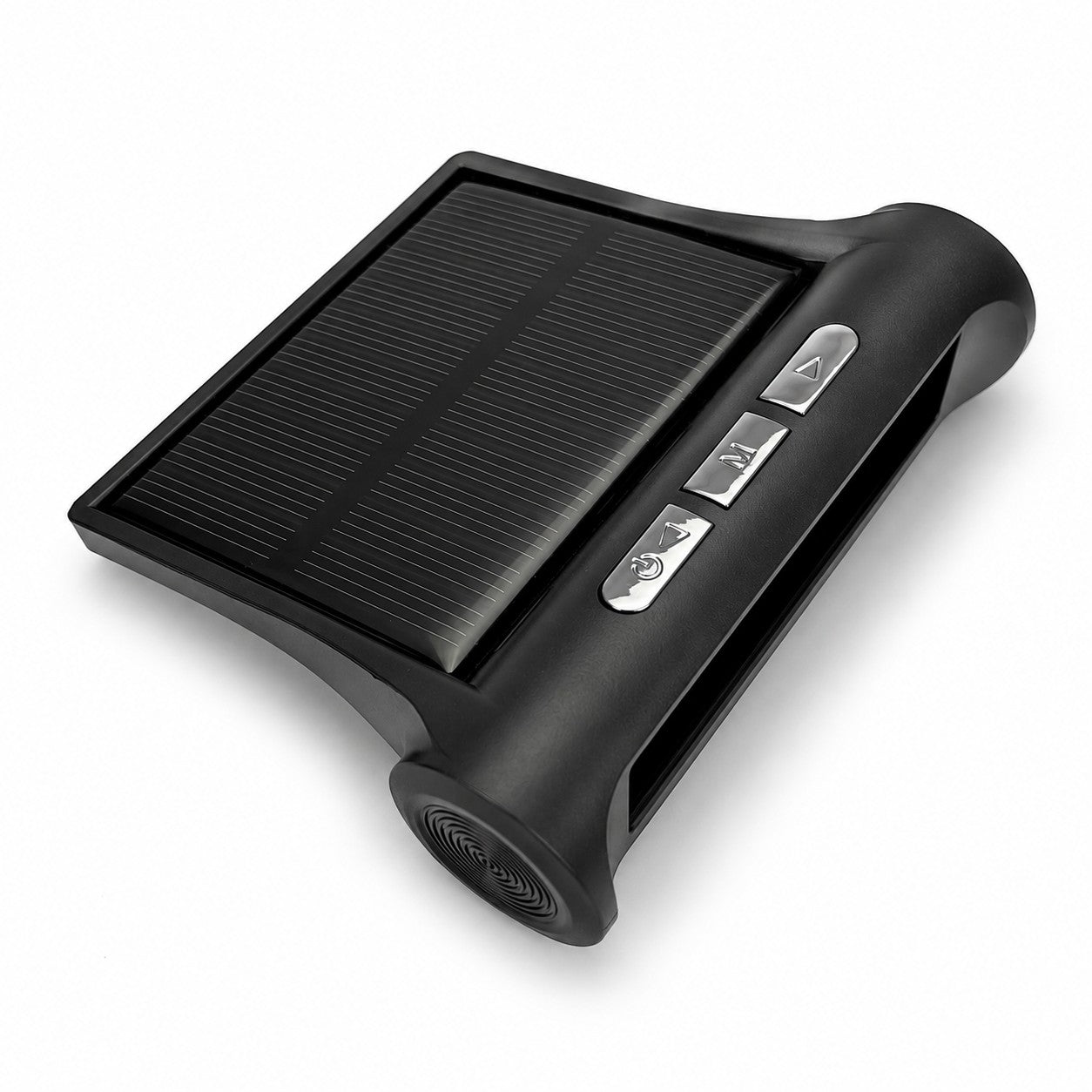 The Sherpa 4x4 Tyre Pressure Monitoring System (TPMS) by Sherpa 4x4 is a black portable device featuring solar panels on top and three silver buttons on the side, displayed against a white background. This innovative TPMS ensures real-time tyre pressure monitoring for enhanced safety and performance in your 4x4 vehicle.