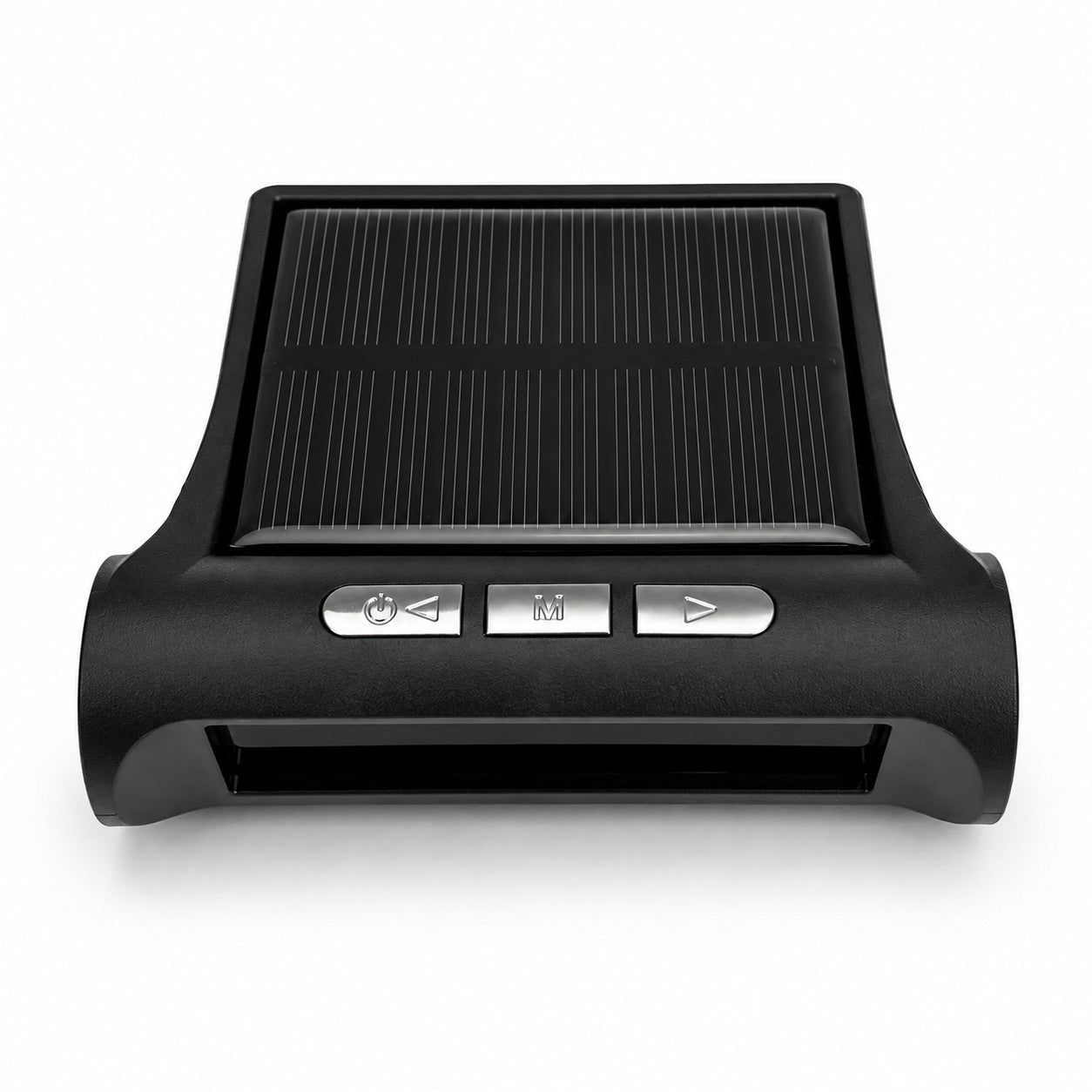 The Sherpa 4x4 Tyre Pressure Monitoring System (TPMS) by Sherpa 4x4 is a black electronic device equipped with a solar panel on top and three front-facing buttons—power, menu, and arrow. Photographed against a white background, the sleek design and advanced functionality of this solar-powered system are prominently displayed.