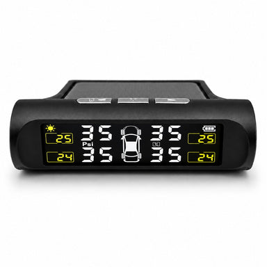 The Sherpa 4x4 Tyre Pressure Monitoring System (TPMS) from Sherpa 4x4 is a solar-powered digital system that displays real-time PSI and temperature readings for all four tires on a central screen featuring a car icon, as well as battery and sunlight indicators. Designed specifically for 4x4 vehicles, this advanced TPMS helps ensure safe and efficient journeys by providing up-to-the-minute tire pressure monitoring.