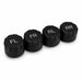 Four black Sherpa 4x4 tire valve caps are lined up in a row, each marked with white letters—FL, FR, RL, and RR—to indicate front left, front right, rear left, and rear right tires. Specifically designed for use with the Sherpa 4x4 Tyre Pressure Monitoring System (TPMS), including compatible models like the Solar Powered Tyre Monitor from Sherpa 4x4, these caps help ensure accurate pressure monitoring on each tire for a safer driving experience.