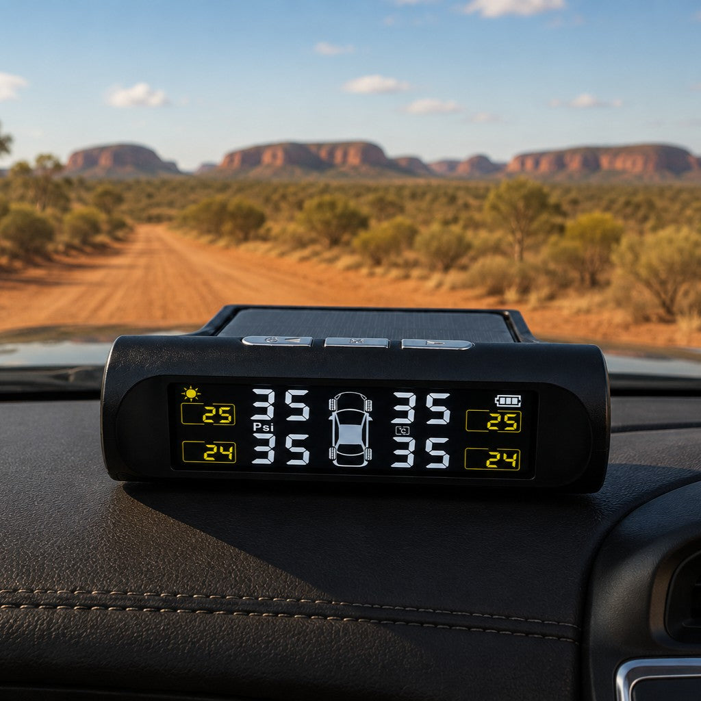 The Sherpa 4x4 Tyre Pressure Monitoring System (TPMS) from Sherpa 4x4 shows the pressure and temperature of all four tires on your car’s dashboard, with a dirt road and mesas visible through the windshield in the background.