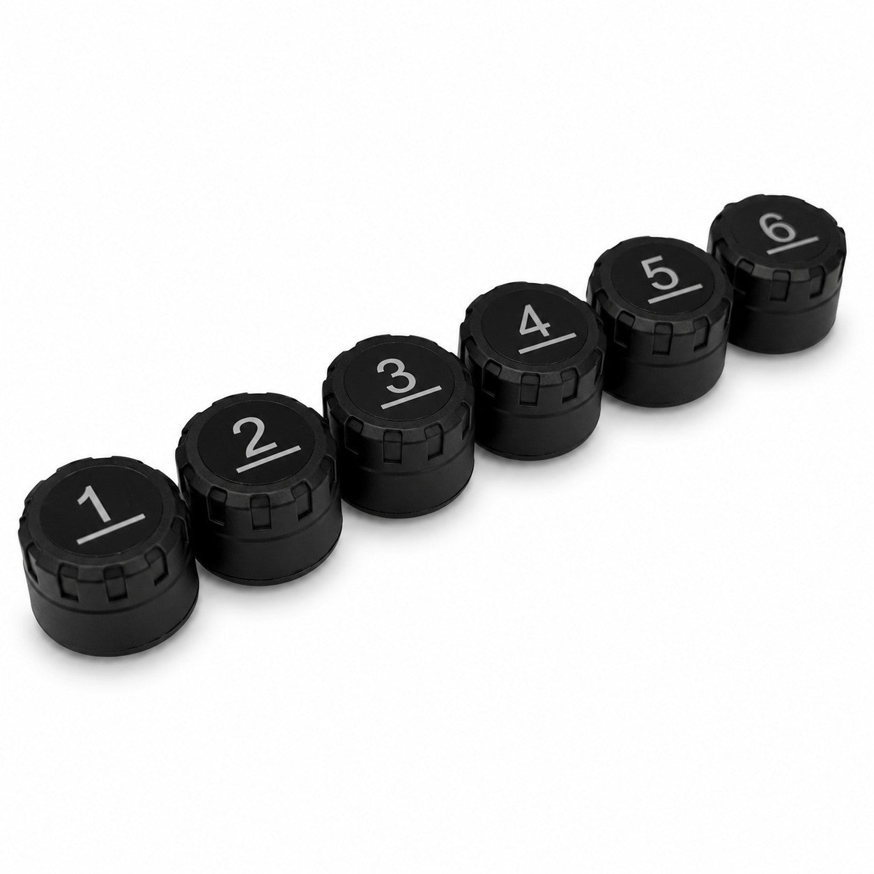 Six black round caps, each labeled in white with numbers 1 to 6, are arranged in a row on a plain white background. These evenly spaced caps are part of the Sherpa 4x4 Tyre Pressure Monitoring System (TPMS) by Sherpa 4x4.