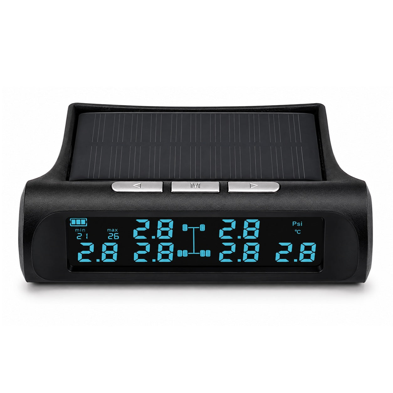 The Sherpa 4x4 Tyre Pressure Monitoring System (TPMS) by Sherpa 4x4 is a solar powered digital tyre monitor featuring a convenient solar panel on top and a blue LED display that provides real-time pressure and temperature readings for four tires. Perfect as a 4x4 TPMS, it ensures accurate monitoring for enhanced safety and performance on any journey.
