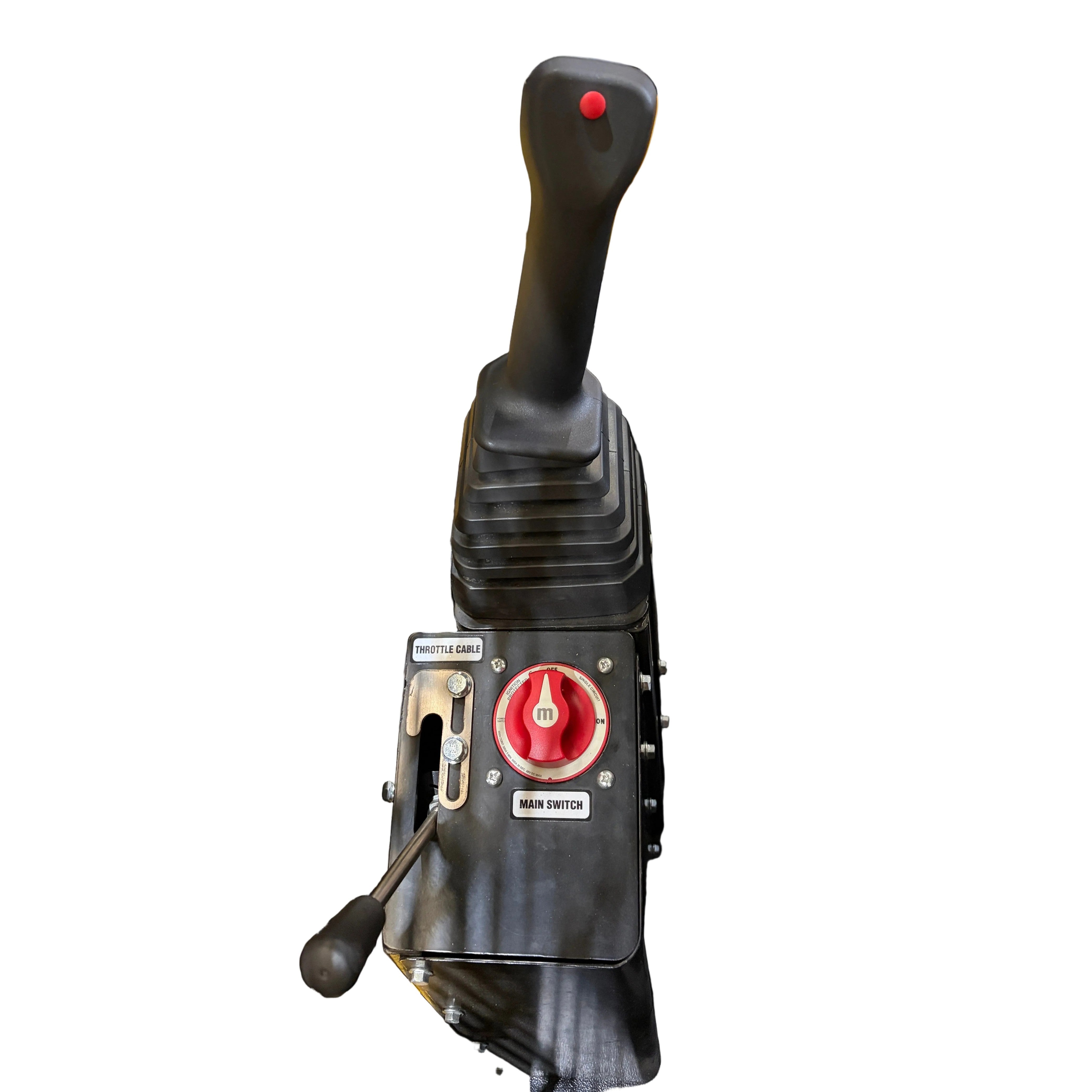 A close-up of the black control panel from the Paddock Tracked Cabin Loader Pro (40hp Perkins Turbo Diesel Engine - Ex Demo), featuring a large joystick, red main switch, Throttle Gear lever, and multiple labeled buttons, isolated on white.