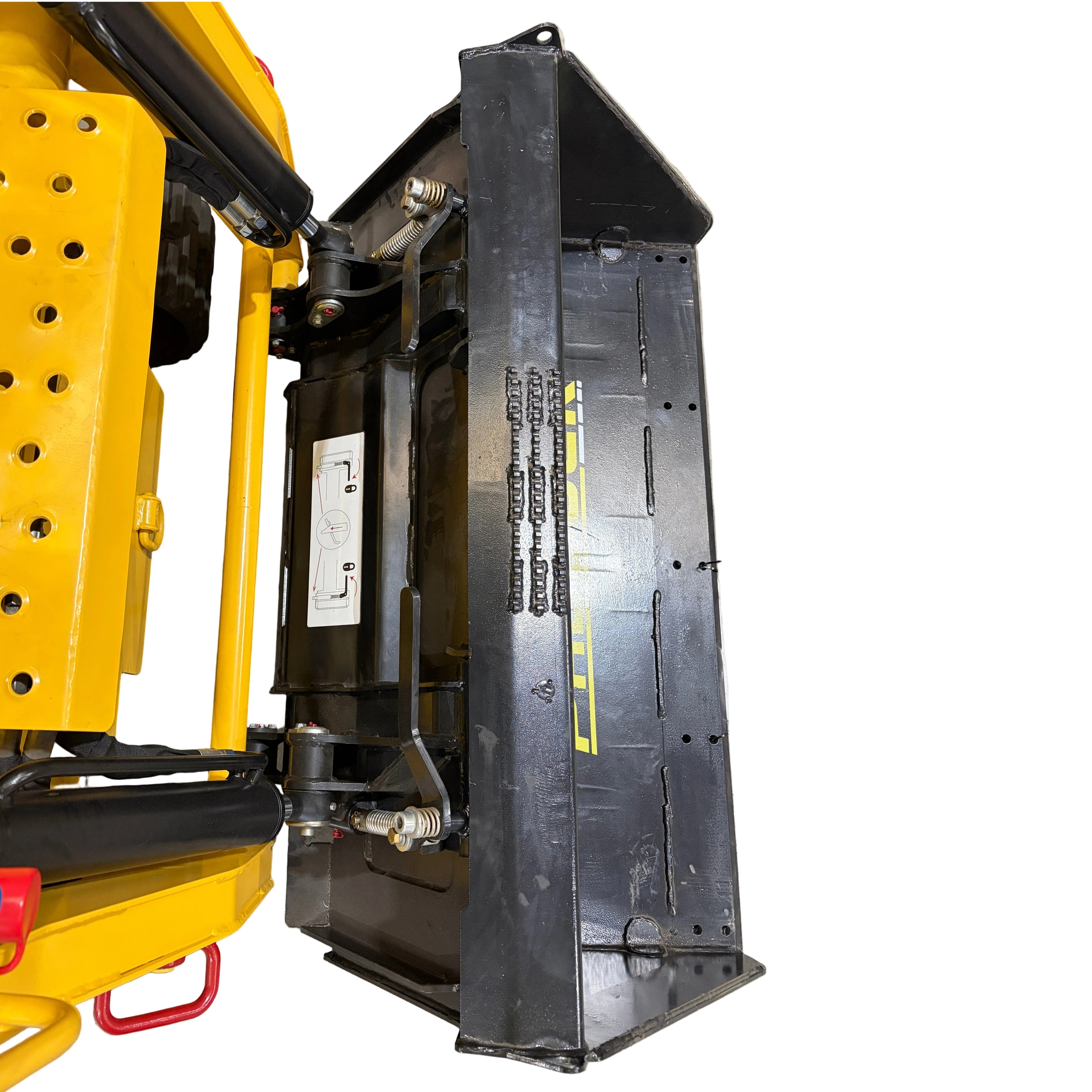 Overhead view of the Paddock Tracked Cabin Loader Pro’s front bucket attachment, showing its black metal scoop, hydraulics, and safety labels. Brand: Paddock. Model: Pro - 40hp Perkins Turbo Diesel Engine (Ex Demo). Isolated on white background.