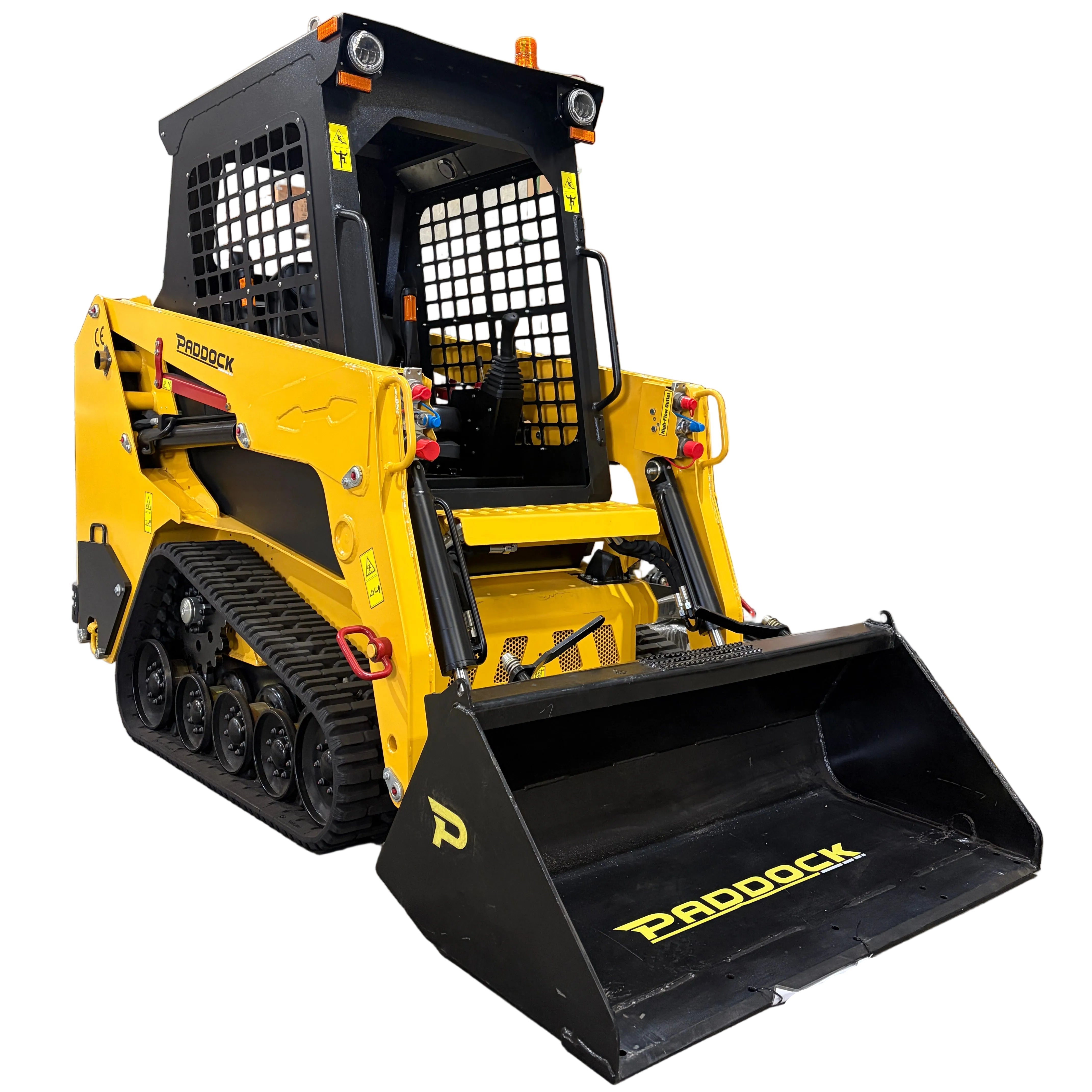 A yellow and black Paddock Tracked Cabin Loader Pro (Ex Demo) with a 40hp Perkins turbo diesel engine is shown with front bucket, rubber tracks, safety cage, and Paddock branding on the bucket and side, set against a white background.