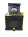Rear view of the Paddock Tracked Cabin Loader Pro with a 40hp Perkins turbo diesel engine—features yellow tracks, black vented engine cover, red lights, tow hitch, and open rear window. Ex Demo from Paddock—ideal for tough construction jobs.