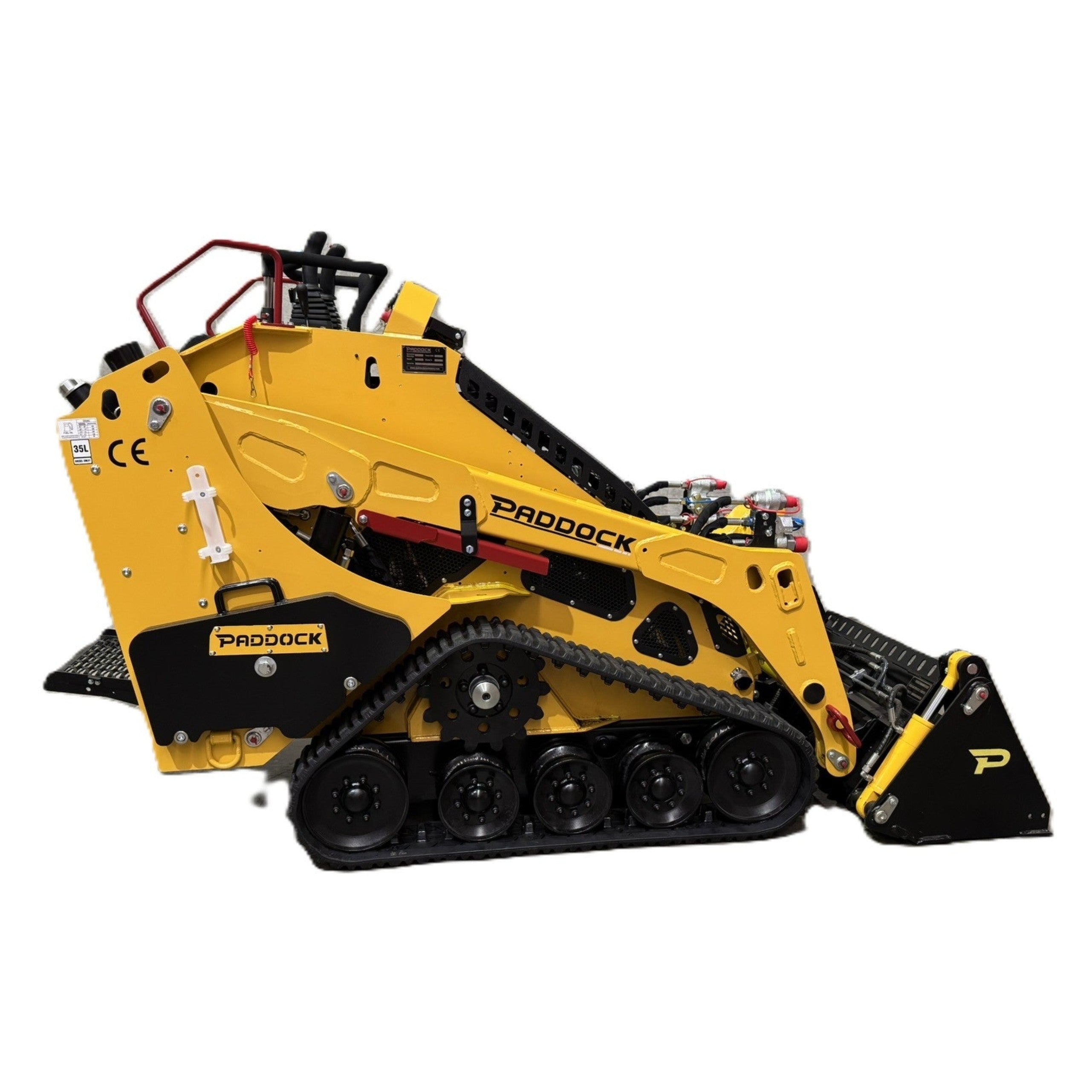 A yellow Paddock Tracked Mini Loader Pro from Scintex, featuring a diesel engine, black tracks, and a front bucket attachment, stands out against a white background. With its control levers and red handrail, this compact machine is perfect for construction companies.
