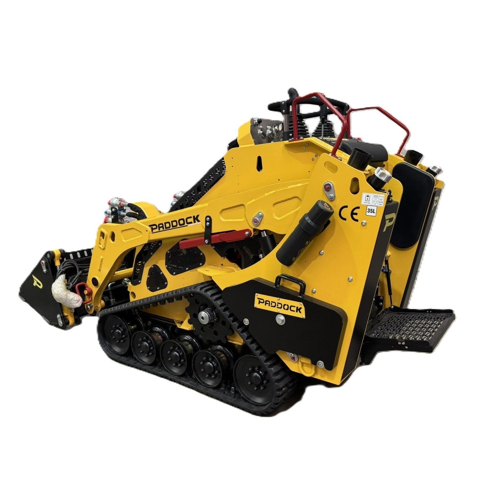 A yellow and black compact tracked loader from Scintex, the Paddock Tracked Mini Loader Pro features a diesel engine, scooping attachment, rubber tracks, and control handles. Ideal for construction or landscaping tasks with compatible attachments.