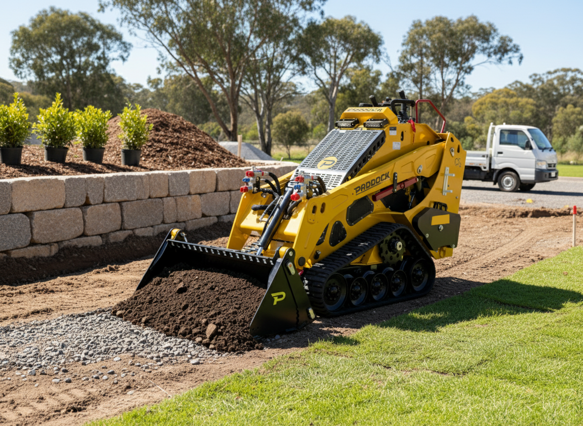 A Paddock Tracked Mini Loader Pro (40hp Perkins Turbo Diesel) transports soil in its bucket at a construction site, with stone landscaping, green grass, and trees in the background.