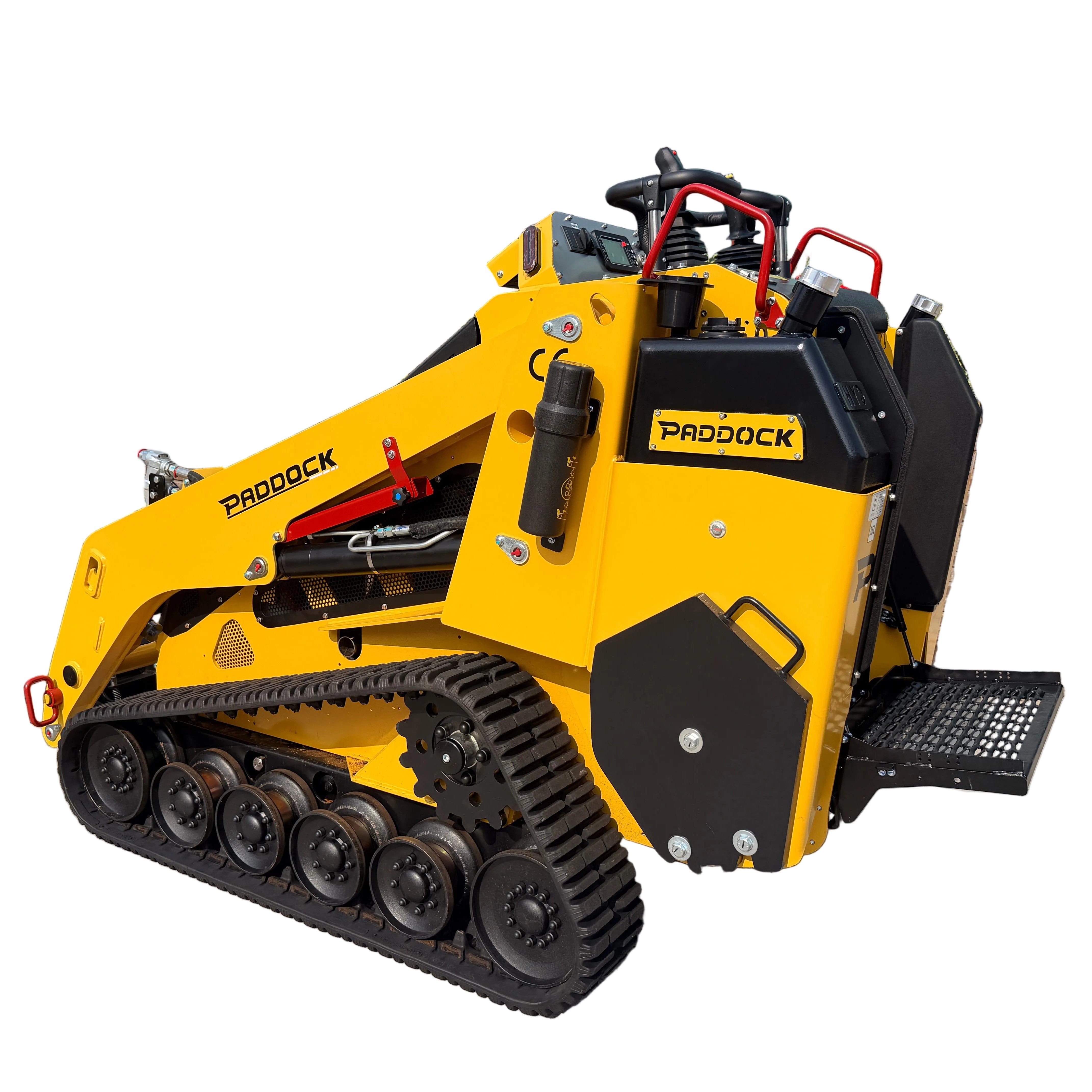 The Paddock™ Tracked Mini Loader Pro, featuring a 58hp Yanmar 4-cylinder turbo diesel engine, is shown in yellow with black rubber tracks, control levers, and a step platform. Branded by Paddock, this versatile mini loader is essential construction equipment for tight spaces. Presented on a white background, it highlights the advanced capabilities of modern tracked loaders.