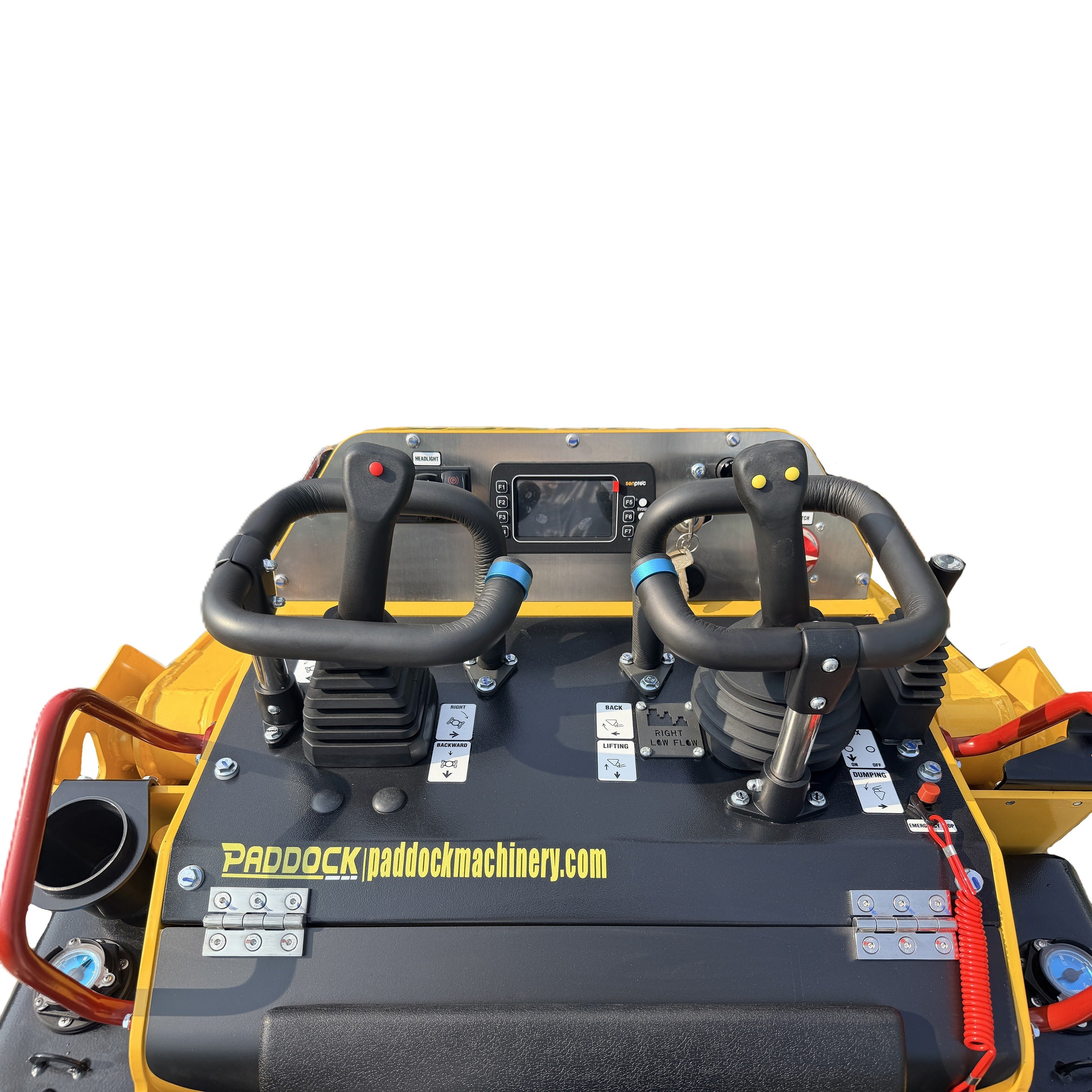 Close-up of the controls on a PADDOCK™ Tracked Mini Loader Elite, featuring twin levers, a display screen, multiple buttons, and safety labels—hallmark elements of advanced construction machines powered by a 58hp Yanmar 4-cylinder Turbo Diesel engine. Both the PADDOCK brand and paddockmachinery.com are visible against a white background.