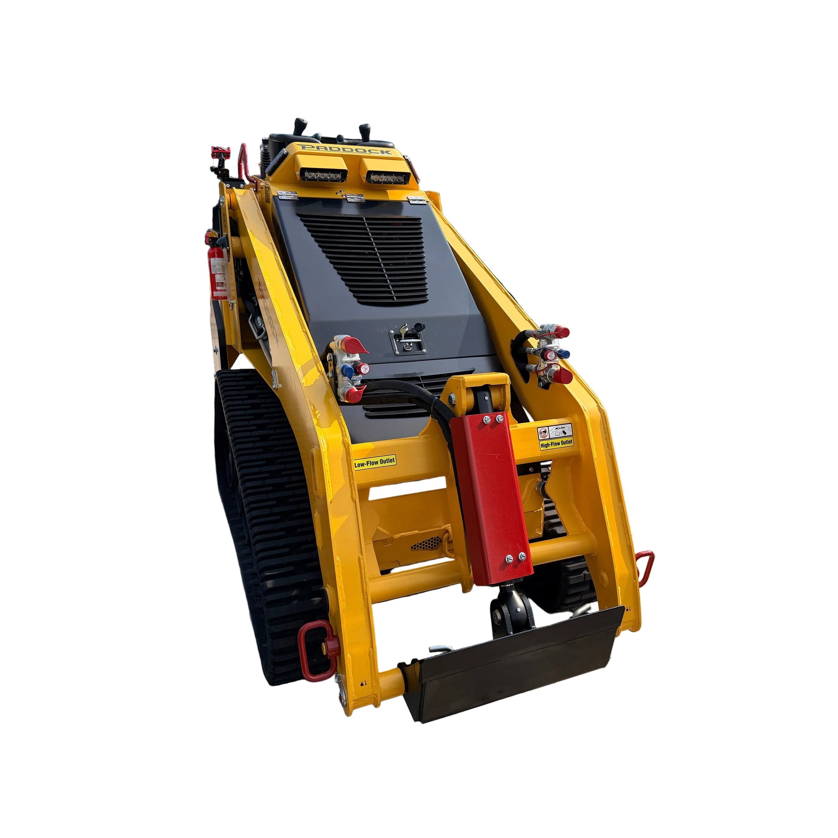 A Paddock™ Tracked Mini Loader Pro, featuring a 58hp Yanmar 4-cylinder turbo diesel engine, is seen from the rear with its distinctive yellow finish, rubber tracks, control levers, and engine ventilation grille visible—an outstanding example of versatile construction equipment and powerful compact loaders from Paddock.