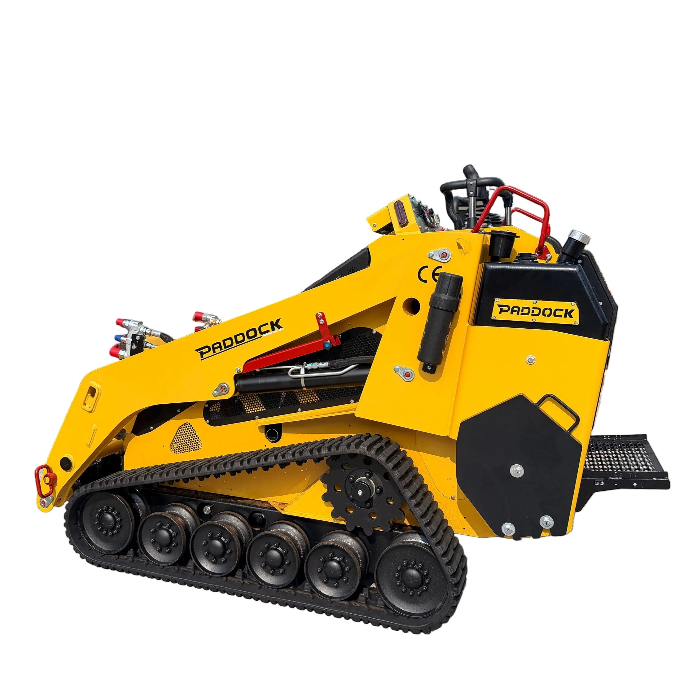 Featuring a vibrant yellow design and prominent Paddock branding, the Paddock™ Tracked Mini Loader Pro boasts powerful hydraulic arms and intuitive control levers. Equipped with a robust 58hp Yanmar 4-cylinder turbo diesel engine, this versatile mini skid steer loader is expertly engineered for landscaping and building tasks on any construction site.