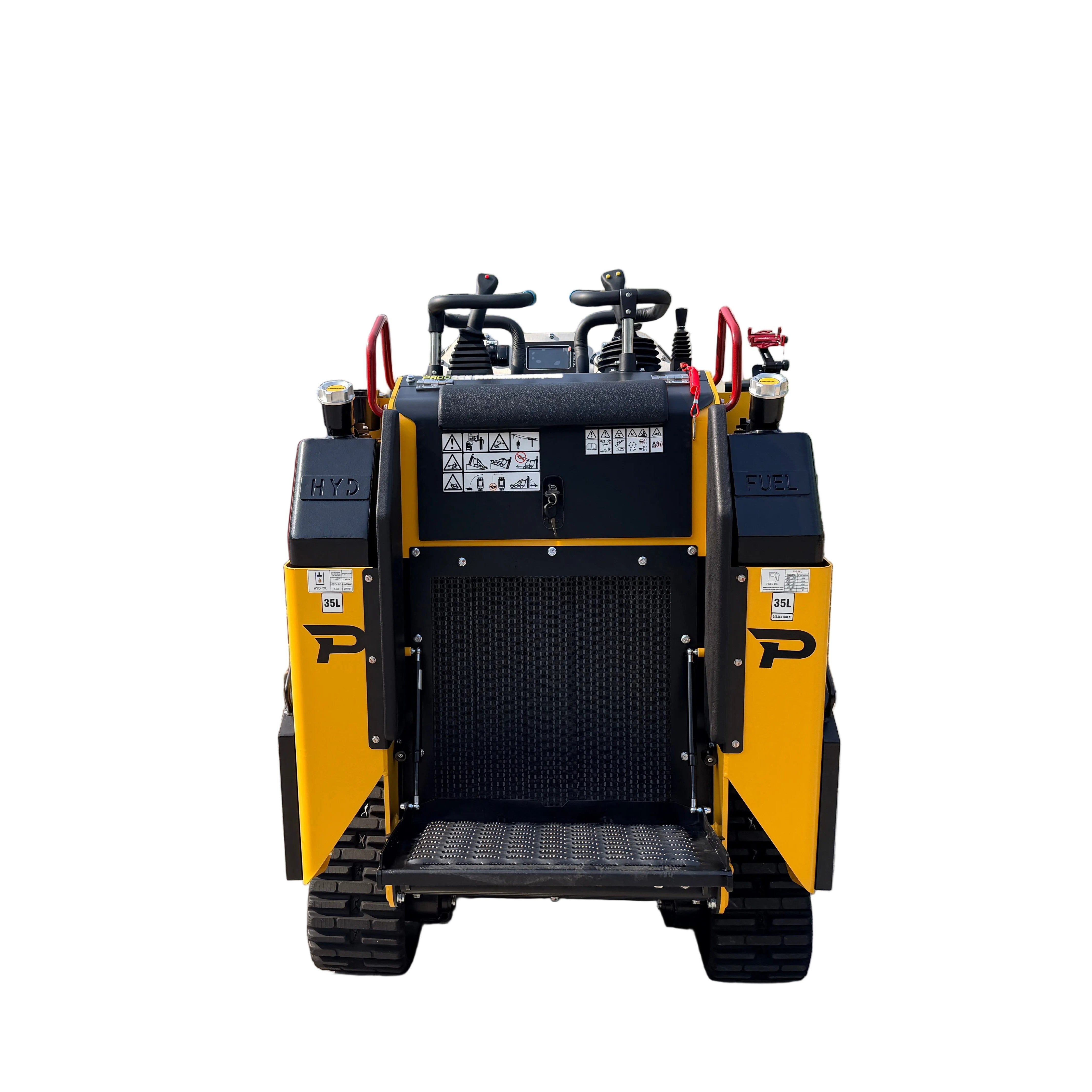 A compact yellow and black Paddock™ Tracked Mini Loader Pro, viewed from the rear, features dual control levers, visible warning labels, and clearly marked HYD and FUEL compartments. The standing platform has a textured surface, highlighting the essential construction equipment features of this 58hp Yanmar 4cyl Turbo Diesel Engine model from Paddock.
